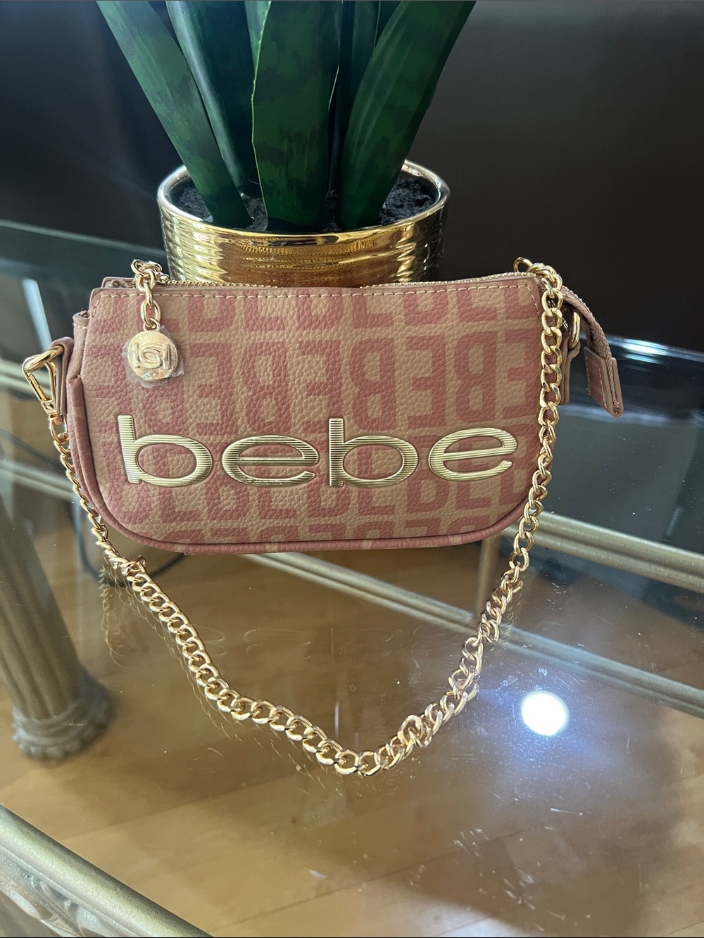 bebe Rose Pink Logo Chain Mini Shoulder Bag